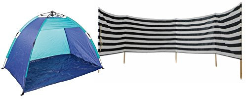 Idena Windschutz / Sichtschutz aus Baumwolle, inkl. 7 Holzstäbe, 8,00m x 0,80m (8m, Blau | Weiß ~ mit Strandzelt)