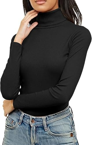 Re Tech UK Ladies Plain Ribbed Cotton Polo Turtle Roll Neck Tunic Top Jumper Full Sleeve, Black, M/L 12-14