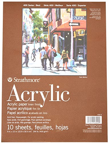 STRATHMORE 400 Acrylic Pads, Bloc de Papel para Acrílico, Acabado lino, 400gsm, Cubierta Plegable - Encolado por 1 lado, 22,86 x 30,48 cm, Bloc, 10 hojas