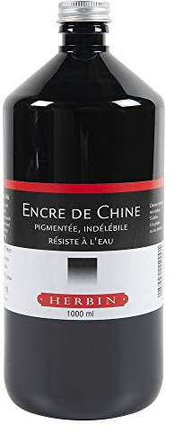 Jacques Herbin 11009T - A Bottle of Black Indian Ink, 1 Litre - Artist Tool - Calligraphy, Writing, Creative Nib Holder and Brush only - Leisure Concentrated