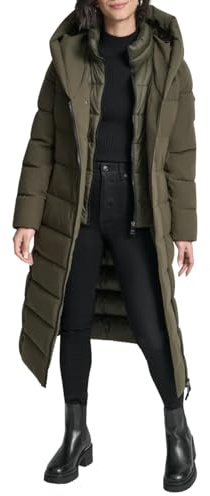 DKNY Women's Maxi Puffer Coat with Bib and Shawl Collar – Long Quilted Winter Jacket, Loden, XXS