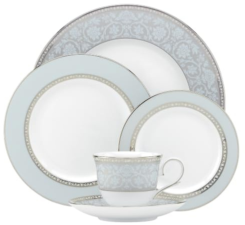 Lenox Dinnerware Set, Westmore 5-Piece Place Setting Set, Service for 1, Bone China Dinnerware, Dishwasher And Microwave Safe, Plate, Saucer, and Teacup, Kitchen and Dining (White/Blue, 5 Piece)