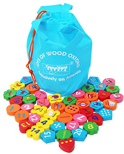 TOWO Wooden Alphabet Number Blocks – Letters ABC Threading Beads Sorting Toy 46 Pieces - Lacing Puzzle- Educational Color Matching Toys for 3 Years Old Fine Motor STEM Montessori Learning