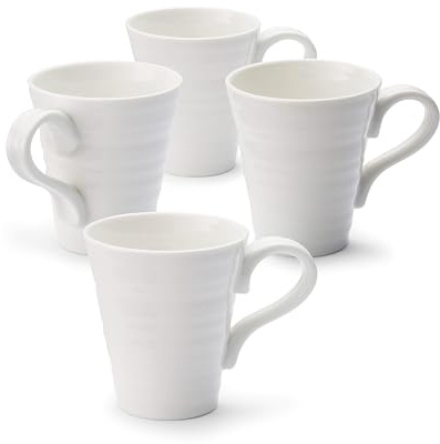 Portmeirion x Sophie Conran Set of 4 White Porcelain Coffee Mugs - Featuring Signature Ripple Design, Durable Mugs with Handle, Suitable for Hot Drinks and Everyday Use, 350ml