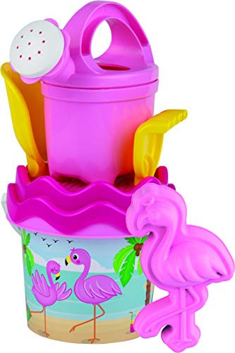 Simba 107114405 - Flamingo Baby-Eimergarnitur, 6 Teile, Eimer, Sieb, Sandform, Schaufel, Rechen, Gießkanne, Höhe 11cm, Durchmesser 14cm, Sandkasten, Sandspielzeug