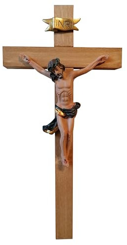 Kaltner Präsente Geschenkidee: 25 cm Wandkreuz Kruzifix aus Holz Echtholz Buche - Jesus Christus Figur aus Resin – Dekoration