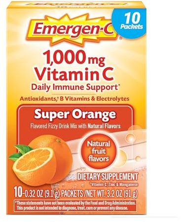 Emergen-C 1000mg Vitamin C Powder for Daily Immune Support Caffeine Free Vitamin C Supplements with Zinc and Manganese, B Vitamins and Electrolytes, Super Orange Flavor - 10 Count