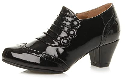 Womens Ladies mid Heel Buttons Zip Brogue Ankle Shoe Boots Booties , Black Patent, 5 UK
