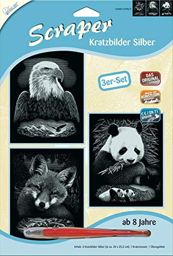 Mammut Spiel & Geschenk 140005 Kratzbilder, Motive Wildtiere, Silber, glänzend, Komplettset mit 3 Kratzbildern&Kratzmesser&Übungsblatt, Scraper, Scratch, Kritzel, Kratzset für Kinder ab 8 Jahre