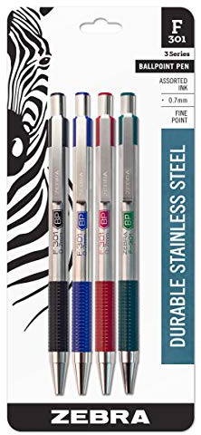 Zebra F-301 Stainless Steel Retractable Ballpoint Pen, 0.7mm, Business Assorted, (27174) by Zebra Pen