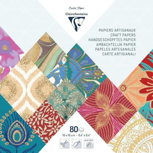 Clairefontaine 95217C Maxi-Bloc of 80 Sheets of Paper Format 16x16 cm Handmade Textured Papers Creative Leisure Cardmaking Scrapbooking Decoration Ast Motifs
