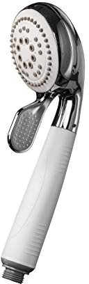 Croydex Assistive Four Function Shower Head with Rubber Handle for Increased Grip - Chrome and Silver, Eco Water Saving Feature, 85mm Diameter Shower Spray