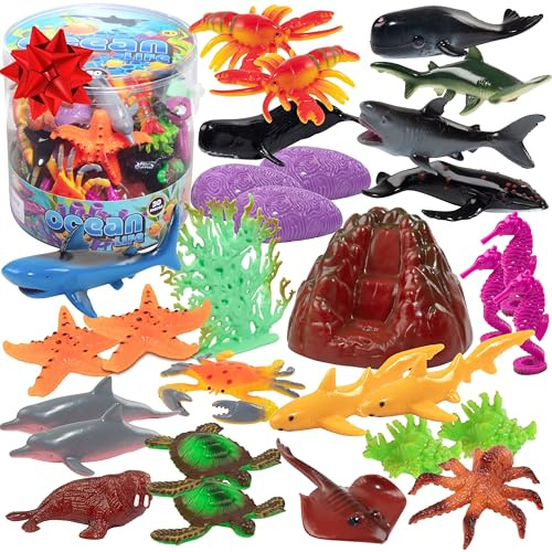 Ocean Animal Toy Set 30pcs- Marine Life Sea Creature Playset w/Sharks, Dolphins, Turtles, Crabs & Ocean Plants- Educational Bath Toys w/Storage Bucket- Great for Easter Basket Stuffers, Gifts for Kids