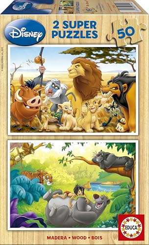 Educa - Puzzle Legno Disney Amici Animali | 2x50 pezzi Puzzle Legno | Re Leone, Libro Giungla | dai 4 anni (13144)