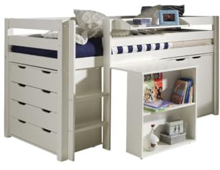 Vipack 'Autobett picohsbukskd14 Pino Hochbett mit Schreibtisch/Kommode 4 Schubladen und Kommode 2 Türen Kiefer massiv weiß