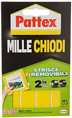 Pattex Millechiodi Tape Removibile, Nastro biadesivo extra forte in strisce, Biadesivo per muro removibile, Strisce adesive per muro multisuperficie, 1 Confezione da 10 Pezzi