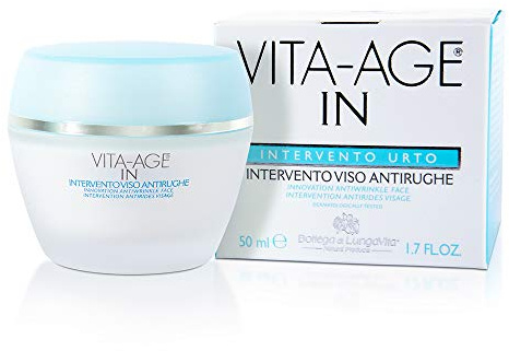 Bottega di LungaVita INTERVENTO VISO ANTIRUGHE VITA-AGE IN - Morbida crema 24h dalla straordinaria texture ricca di principi attivi naturali dai poteri elasticizzanti, antirughe, rassodanti per un profondo intervento antietà. Con acido ialuronico, ceramidi vegetali, uva bianca, vitamine e isoflavoni da trifoglio pratense - Migliora lo stato delle pelli segnate dal tempo, idrata, ammorbidisce e rigenera - Vaso da 50 ml