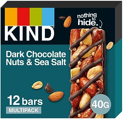 KIND Bars, Gluten Free Snack Bars, Dark Chocolate Nuts & Sea Salt, High Fibre, Healthy Snack, No Artificial Colours, Flavours or Preservatives, Multipack 12 x 40g