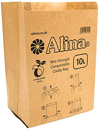 Alina Bolsa de papelera compostable/revestimiento de basura de alimentos/saco de papel biodegradable de 10 litros Marrón 25 bolsas