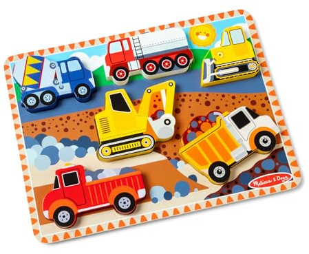 Melissa & Doug Construction Chunky Puzzle – 6-Piece Wooden Puzzle with Easy-Grasp Pieces – Interactive Learning Toy for Kids Age 2 Plus