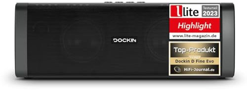 DOCKIN® D FINE EVO Bluetooth Lautsprecher Outdoor/Indoor 50W [TESTSIEGER] - Bluetooth Box groß mit Equalizer APP - 12h Spielzeit 7.800 mAh - Austauschbarer Akku - Powerbank-& Stereo-Link Funktion