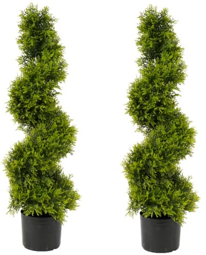 Best Artificial Pair of 90cm 3ft Cedar Conifer Spiral Topiary Trees alt Boxwood Buxus **UV Fade Protected**