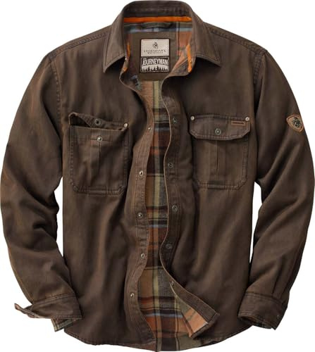 Legendary Whitetails Mens Flannel Lined Shirt Jacket Waxed Cotton Water Resistant Shacket, Tobacco, LRG