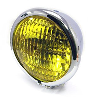 120 mm Universal-Motorradscheinwerfer in CHROM mit gelber Linse für Chopper, Bobber, Cafe Racer, Scrambler Project Custom Street Bike