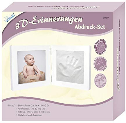 Mammut Spiel & Geschenk 129027-3D Erinnerungen Abdruck-Set Bilderrahmen weiß, Komplettset mit Holzrahmen (MDF), 1 Päckchen Modelliermasse und 1 Holzroller, Kreativset für junge Eltern, 16 x 32 cm