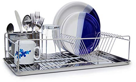 Relaxdays Scolapiatti, con Porta-Posate, Sgocciolatoio, Vaschetta Raccogli Acqua in Acciaio, HLP: 33x48x12 cm, Argento