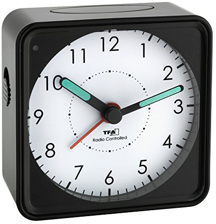TFA Dostmann Analoger Funk-Wecker Picco, 60.1510.01, Funkuhr, leises Uhrwerk, klein und handlich Kunststoff, Schwarz, L 75 x B 31 (30) x H 75 (74) mm