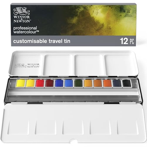 Winsor & Newton Acuarela profesional, Set de viaje personalizable, 12 medio godets,l colores surtidos (capacidad para 24 pastillas), para acuarelistas