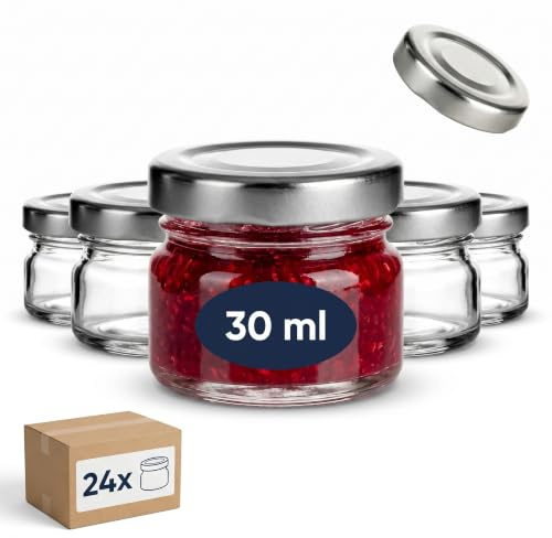 gouveo Set di 24 vasetti da 30 ml, mini con coperchio a vite, colore argento, con tappo a vite, TO43, per marmellate, spezie (EGR030S)