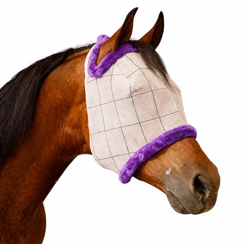 Farnam SuperMask II Horse Fly Mask WITHOUT EARS, Extended Coverage Equine Fly Protection, Protects Eyes from Insects, Debris & UV, Adjustable Throat Latch, Plush Fleece Trim, Yearling Size