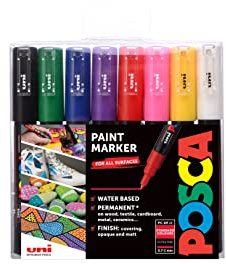 POSCA PC-1M Water Based Permanent Marker Paint Pens. Extra Fine Tip for Art & Crafts. Multi Surface Use On Wood Metal Paper Canvas Cardboard Glass Fabric Ceramic Rock Stone Pebble Porcelain. Set of 8
