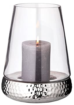 EDZARD Windlicht Kerzenglas Bora, Fuß gehämmert, 2-teilig, Keramik vernickelt und Glas, Höhe 28 cm, Durchmesser 18 cm