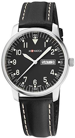 M WATCH - Aero Men's Wrist Watch - 40mm Case - WBL.90320.LB - Black Dial with Day & Date Function - Brushed Stainless Steel - Black Leather Strap - 30m Water Resistant - Made in Switzerland