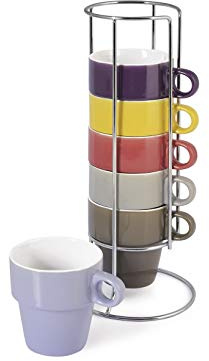 Home Color Cup tè Servizio Tazze tè con Stand Cromato, Senza Piatto, Porcellana, Multicolore, 6 Pezzi