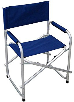 Hellblauer Regisseur-Stuhl aus Aluminium.