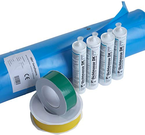 Set di pellicole di barriera al vapore da 100 m², composto da pellicola da 4 m x 25 m, 2 nastri adesivi speciali e 4 sigillanti per la sigillatura del tetto secondo EnEv, pellicola barriera al vapore