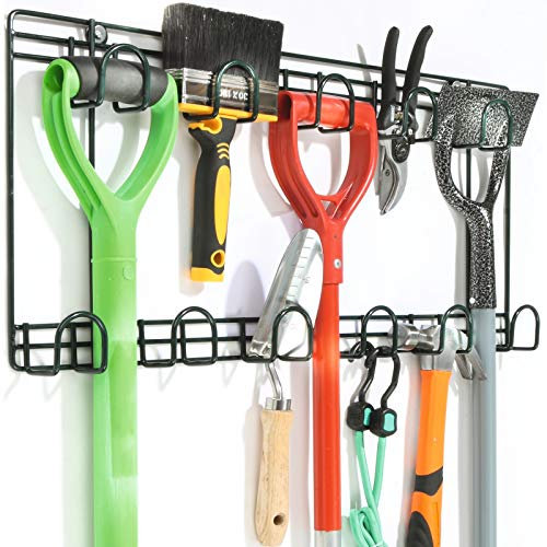 BERGMAN Double Tool Rack with 11 Hooks - Heavy Duty 5mm Metal Wall Organiser with Green Protective Finish - Shed, Garage & Garden Storage Solution - Easy Mount with Screws