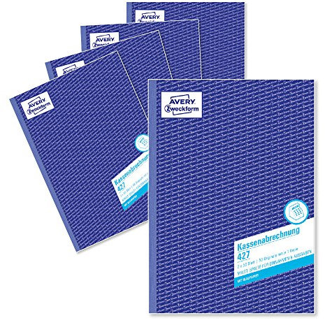 AVERY Zweckform 427-5 Kassenabrechnung (A4, 2x50 Blatt, 1 Blatt Blaupapier, MwSt.-Spalte für Einnahmen & Ausgaben, von Rechtsexperten geprüft, für DE/AT, ordungsgemäße Buchführung) 5er-Pack, weiß/gelb