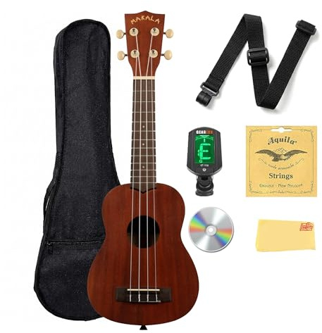 Kala MK-S Makala Soprano Ukulele Bundle with Gig Bag, Tuner, Strap, Aquila Strings, Online Lessons, Austin Bazaar Instructional DVD, and Polishing Cloth