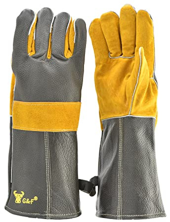 G & F Products Premium Leather Heat-Resistant Gloves – BBQ, Fireplace – Puncture, Cut, and Fire Protection with Cotton Lining and Kevlar Stitch – Durable Suede and Cowhide Leather