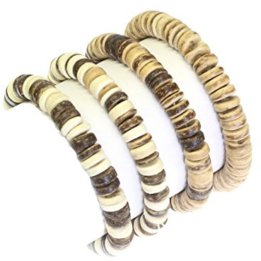 benerini Set of 4 - Coco Wood Bead Elasticated Surfer Style Bracelets/Wristbands - Maximum Wrist Size 17 CM - Set Style A