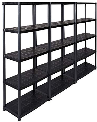 Kreher 3 Stück Kunststoffregal, Kellerregal, Lagerregal in Schwarz mit 5 Böden, max. 150 kg Traglast pro Regal. 71 x 38 x 171 H cm. TÜV Rheinland