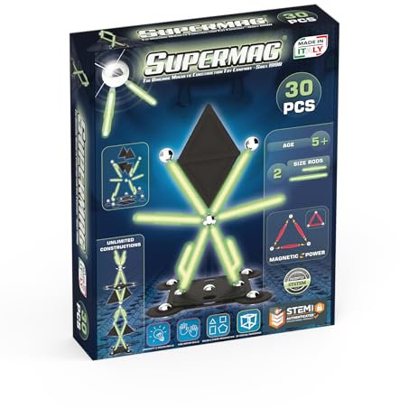 Supermag - Glow Magnetbaukasten - 30 Teile - Kinderspielzeug Ab 5 Jahren - Patentiertes System Basierend auf STEM-Programmen - Made In Italy