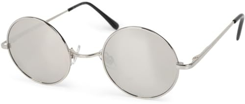 styleBREAKER Occhiali da sole unisex con piccole lenti rotonde e telaio in metallo delicato, design sottile, cerniere a molla 09020065, Montatura Argento/Vetro Argento munito di specchi