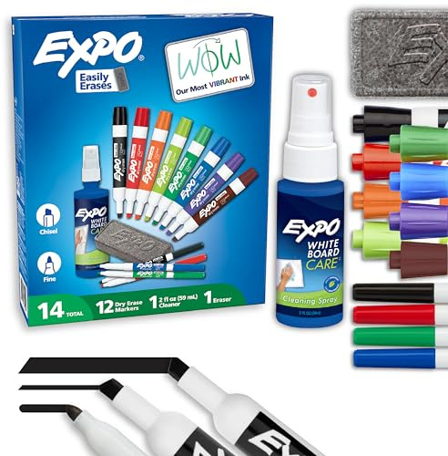 EXPO Dry Erase Markers Kit, Fine and Chisel Tip Markers, Assorted Colors, Eraser, Spray Cleaner, 14 Count