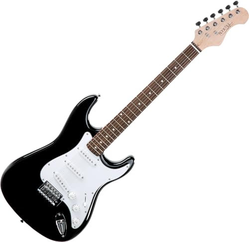 Rocktile Sphere Classic Black E-Gitarre (weißes Schlagbrett, 3x Single Coil Tonabnehmer, 21 Bünde, Engineering Wood Griffbrett, Tremolo-Bridge, 2,5m Gitarrenkabel, Tremolohebel und Inbusschlüssel)